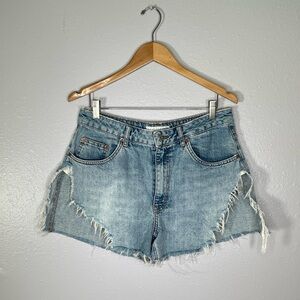 Topshop high rise distressed raw hem denim shorts 10 petite casual festival